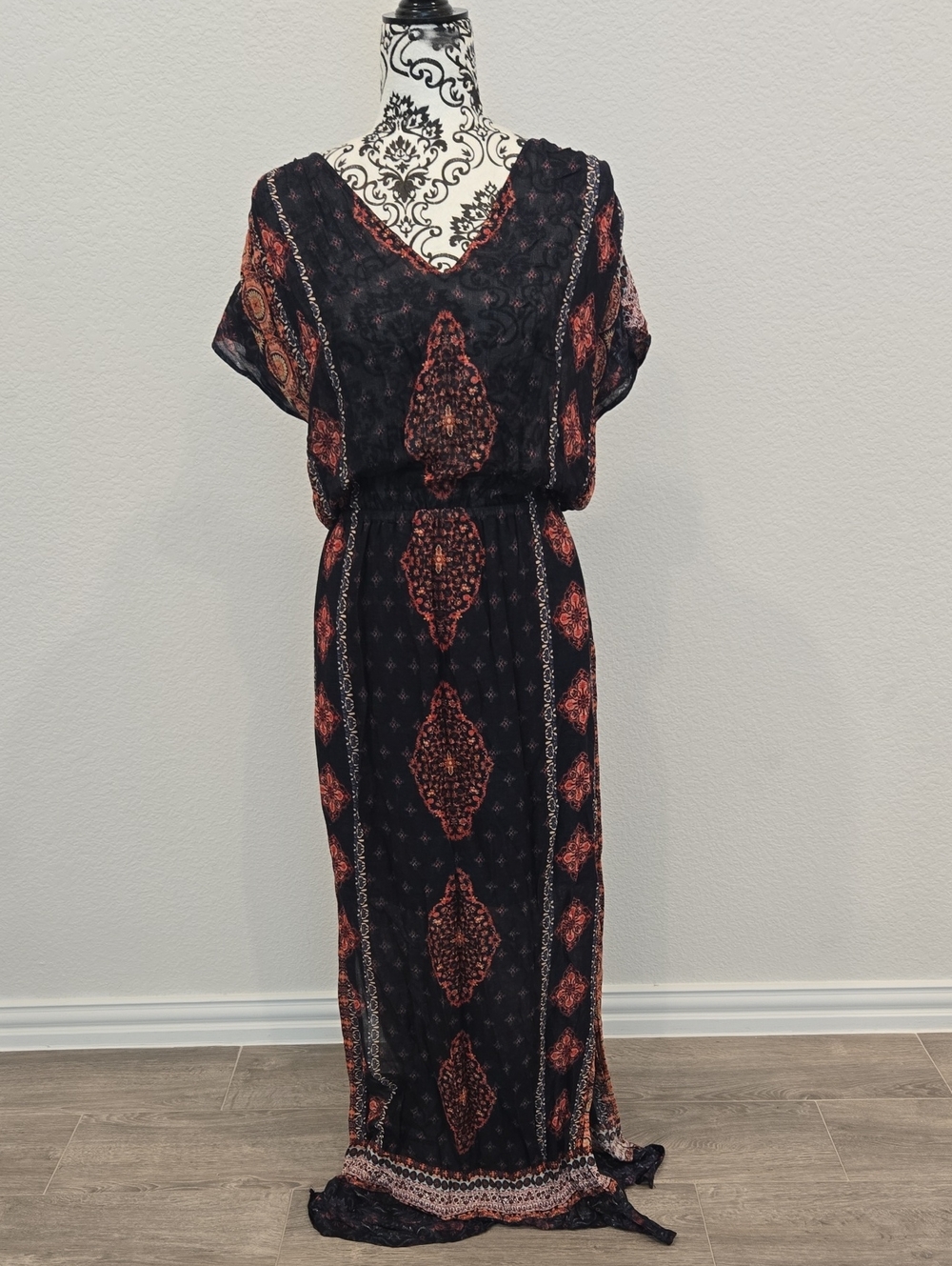 Lucky Brand Bohemian Black & Rust Printed Maxi Dress